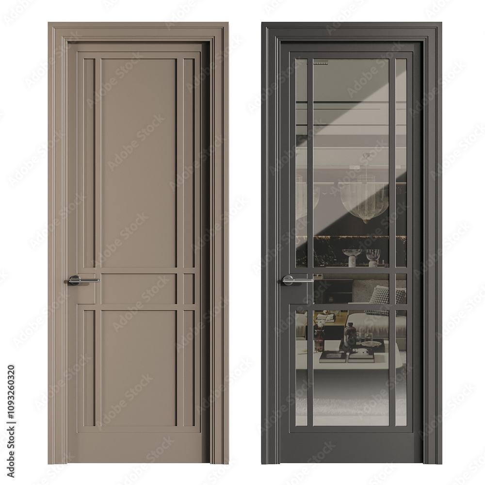 Two doors, one is brown and the other is black Two doors, one is brown and the other is black