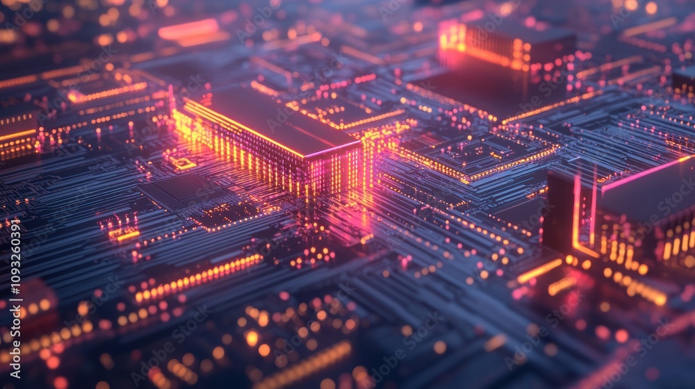 A vibrant, abstract representation of a digital circuit board with glowing elements. A vibrant, abstract representation of a digital circuit board with glowing elements.