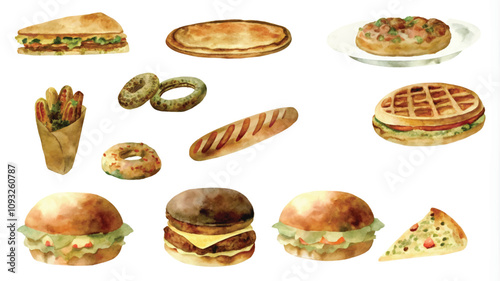 Watercolor illustration of a set of different types of fast food.