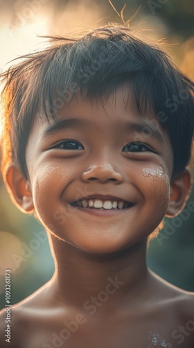 Smiling Young Boy with Short Hair and Joyful Expression in Natural Outdoor Setting Shining Brightly Under Soft Sunset Light, Emphasizing Happiness and Innocence