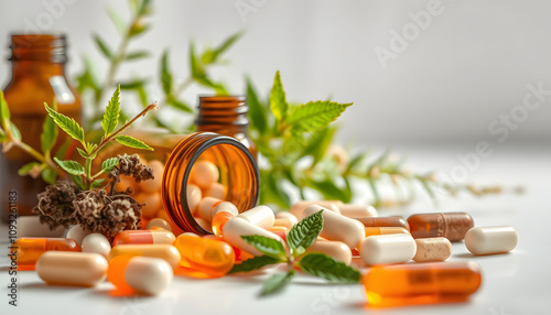 natural cosmetics with pills and plants isolated with white highlights, png photo