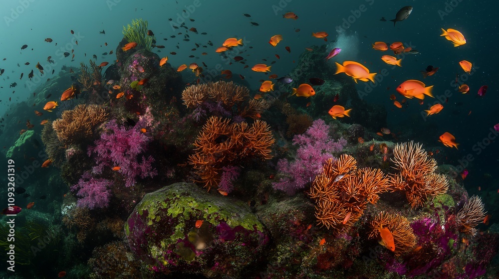 Naklejka premium Vibrant Coral Reef with Orange Fish