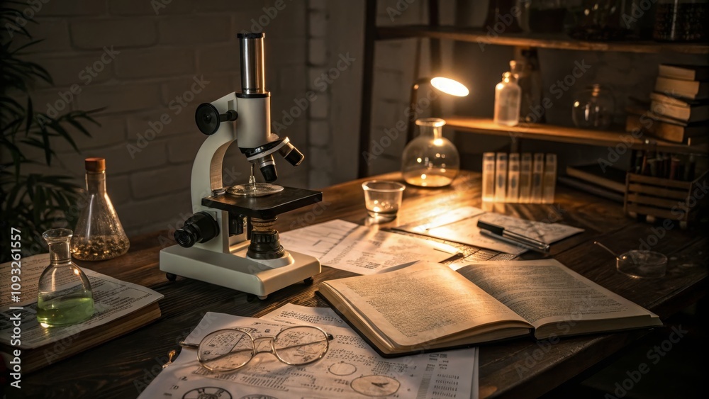 High-Quality Low Light Photography of Microscope and Biology Notes on Lab Table High-Quality Low Light Photography of Microscope and Biology Notes on Lab Table