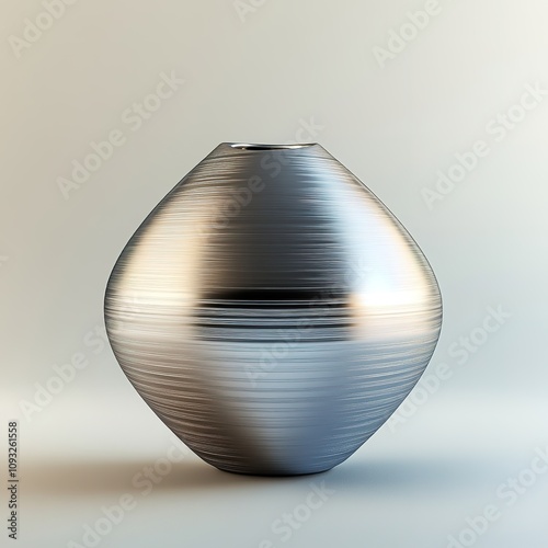 Silver brushed metal vase with a modern design on neutral backgr photo