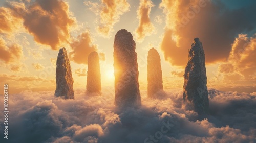 Majestic Sunset Over Towering Rock Formations Surrounded by Ethereal Clouds, Creating a Dreamlike Atmosphere in an Enchanting Landscape
