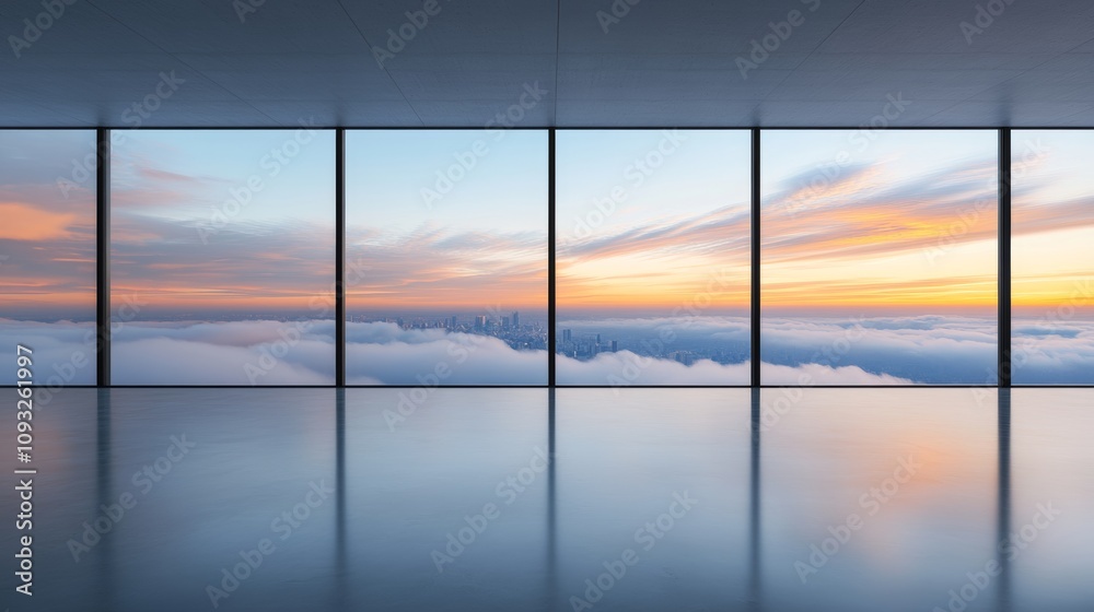 Fototapeta premium Stunning sunrise view from a skyscraper. The city skyline is visible through a layer of clouds, creating a breathtaking panorama of warm colors and soft light.