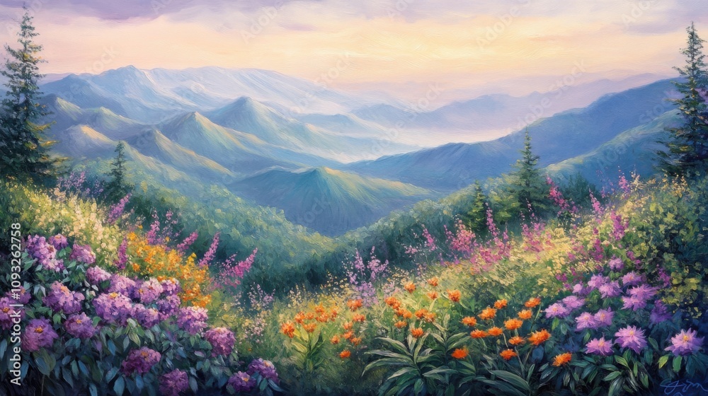 Obraz premium Serene Mountain Landscape with Vibrant Wildflowers and Soft Morning Light Illuminating the Rolling Hills and Majestic Peaks in a Tranquil Atmosphere