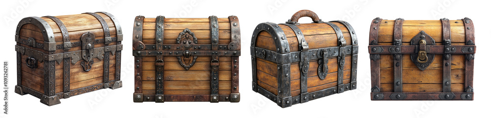 Fototapeta premium Vintage Wooden Treasure Chests on Transparent Background