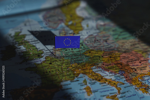 European Union flag dramatically highlighted on Europe map. Crisis