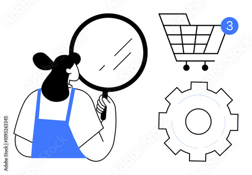 Woman with magnifying glass, shopping cart notification with number three, and a gear icon. Ideal for online shopping analysis, e-commerce, product search, technology, notifications, customer