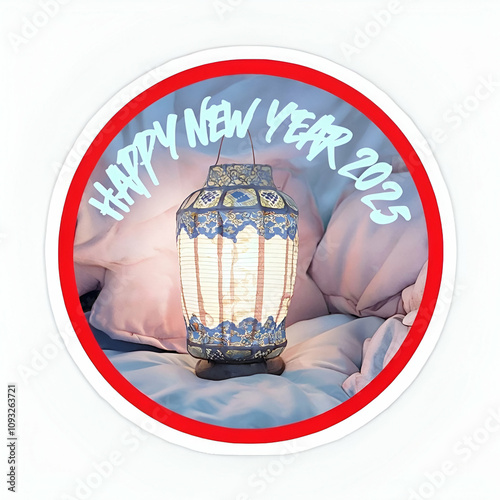 A candle  with the words Happy New Year written on it.