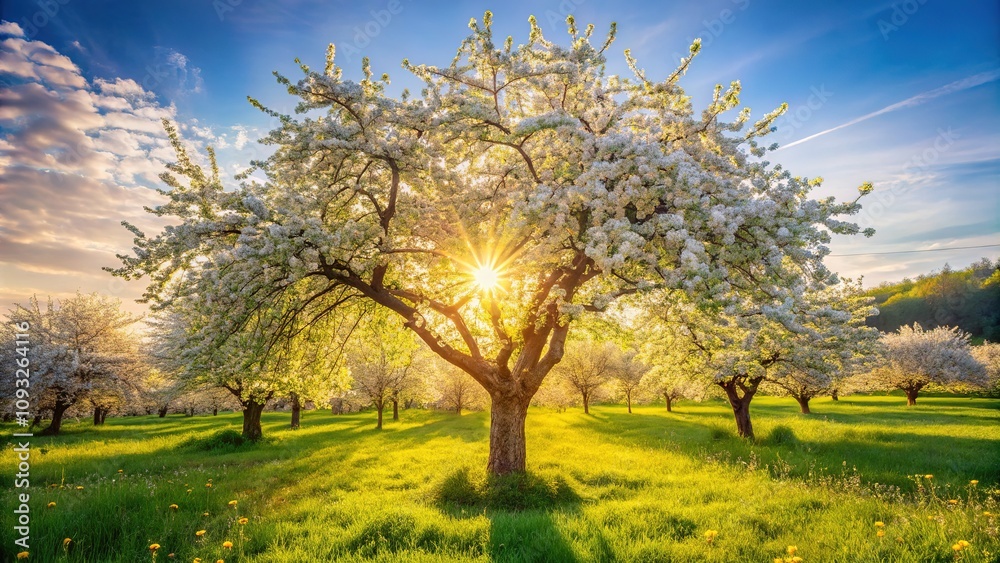 Fototapeta premium Blooming Apple Tree Long Exposure Dreamy Landscape