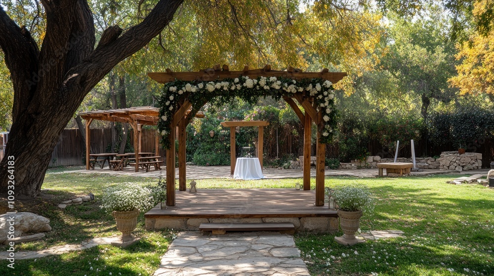 Wooden Wedding Arbor Decorated With White Flowers Wooden Wedding Arbor Decorated With White Flowers