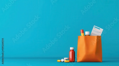 Pharmacy bag with medicine bottles, customer holding receipt, flat design illustration