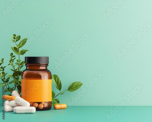 Overthecounter pain management products in focus, neat arrangement, flat design illustration