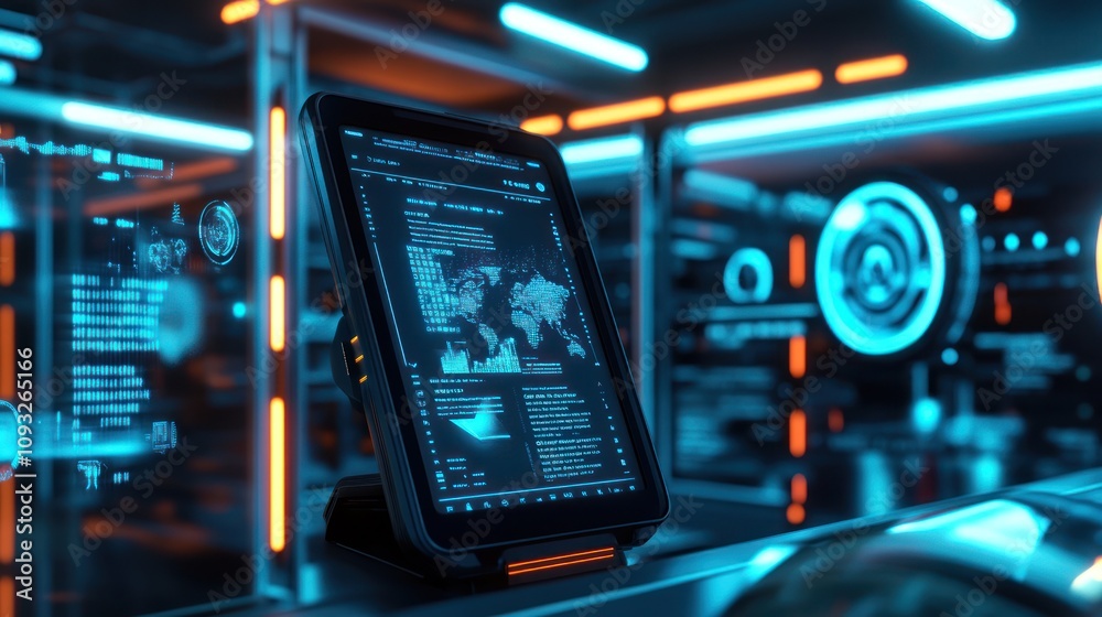 A futuristic tablet displaying data analytics and maps in a high-tech environment. A futuristic tablet displaying data analytics and maps in a high-tech environment.