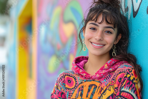 Portrait of a young hip latina hispanic woman wearing a colorful patterned hoodie, youth attitude, gen-z. photo