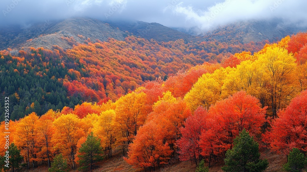 Fototapeta premium A vibrant autumn landscape showcasing colorful trees and mountains under a cloudy sky.