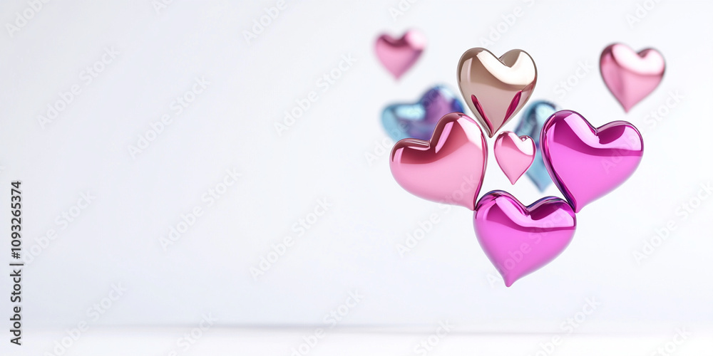 Colorful chrome hearts floating in air create joyful and vibrant atmosphere. These shiny hearts symbolize love and affection, perfect for various creative projects Colorful chrome hearts floating in air create joyful and vibrant atmosphere. These shiny hearts symbolize love and affection, perfect for various creative projects