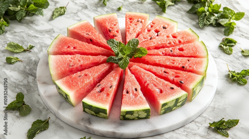 Freshly Sliced Juicy Watermelon Triangles Garnished with Mint Leaves on a Marble Platter for Summer Refreshment and Healthy Snacking Freshly Sliced Juicy Watermelon Triangles Garnished with Mint Leaves on a Marble Platter for Summer Refreshment and Healthy Snacking