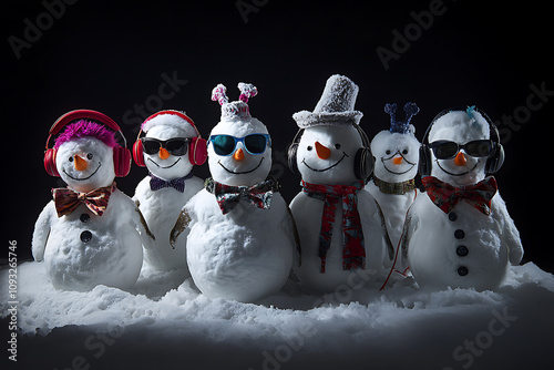 Group of snowmen wearing quirky accessories like sunglasses