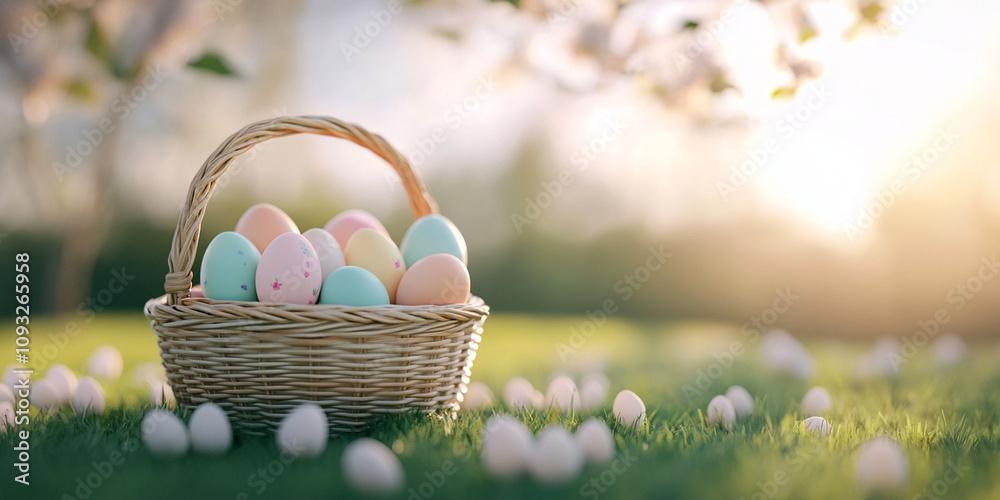 cheerful Easter scene featuring basket filled with colorful eggs, surrounded by serene garden setting. soft sunlight enhances festive atmosphere