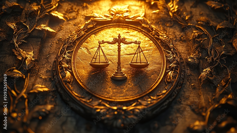 Naklejka premium Intricate Stone Tablet Featuring Deeply Etched Scales of Justice Surrounded by Decorative Elements in a Warmly Lit Setting