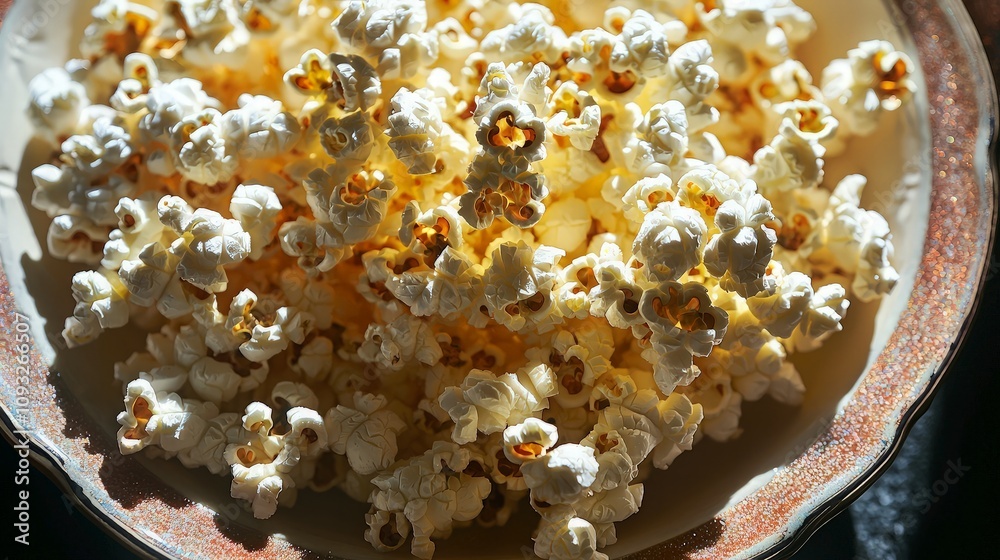 Close-up of a bowl filled with freshly popped popcorn.