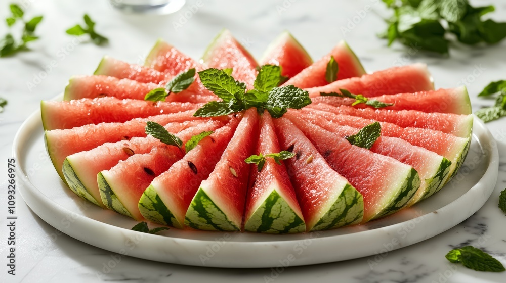 Freshly Sliced Watermelon Triangles with Mint Garnish Perfect for Summer Parties and Healthy Snacks on a Marble Background Freshly Sliced Watermelon Triangles with Mint Garnish Perfect for Summer Parties and Healthy Snacks on a Marble Background