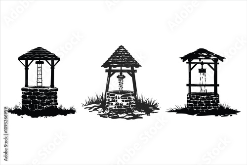 Village Water Well Silhouette Bundle Set