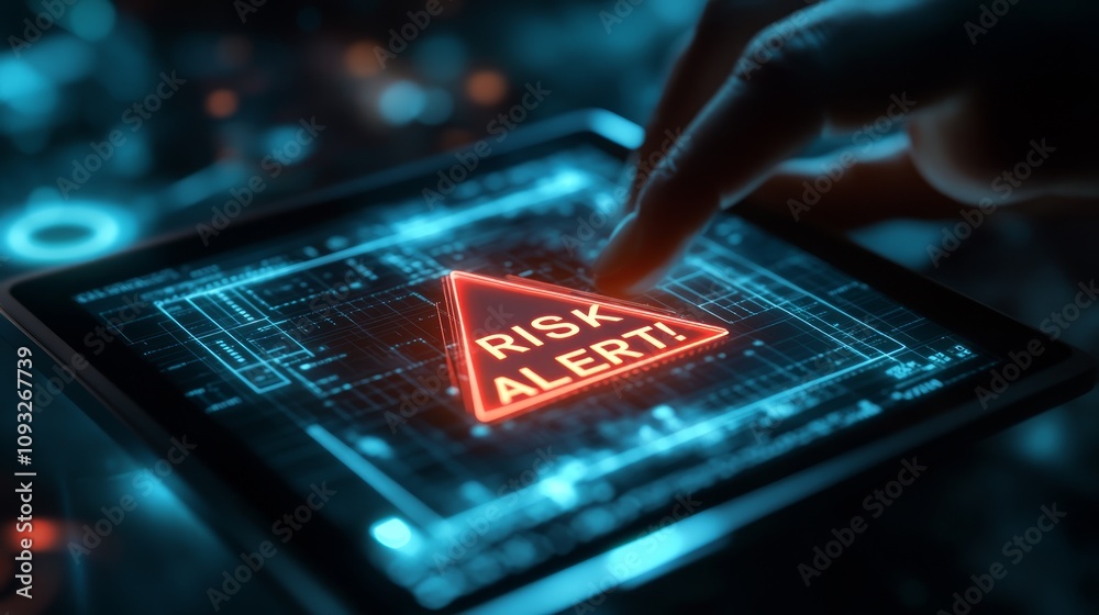 Hand pointing at a tablet screen displaying a risk alert warning. Hand pointing at a tablet screen displaying a risk alert warning.