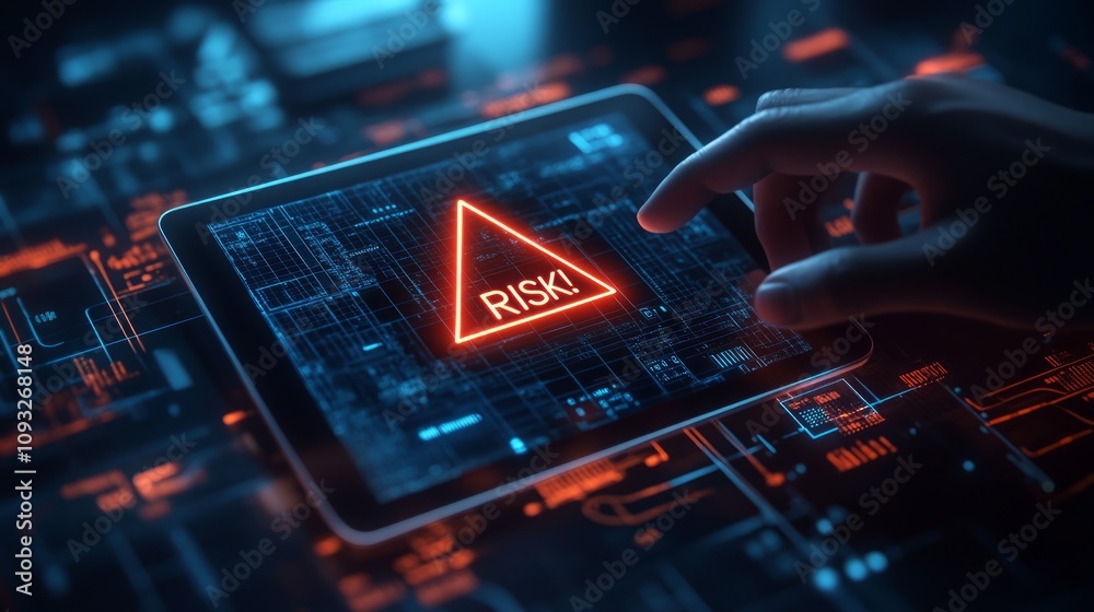 Hand points at a tablet screen displaying a risk warning. Hand points at a tablet screen displaying a risk warning.