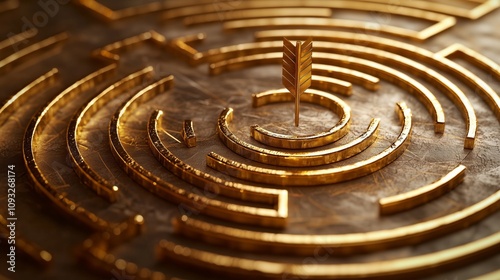 Stunning Circular Gold Maze Design Featuring a Central Target, Perfect for Creative Projects and Visual Storytelling, Ideal for Illustrative Use in Various Contexts