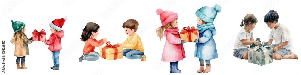 Obraz premium Christmas decorations concept. Children exchanging gifts, enjoying the joy of giving during festive celebrations.