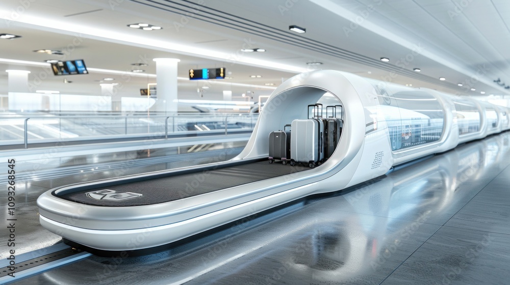 Obraz premium Suitcases travel on an airport conveyor, showcasing luggage transport efficiency and modern travel infrastructure in a busy terminal