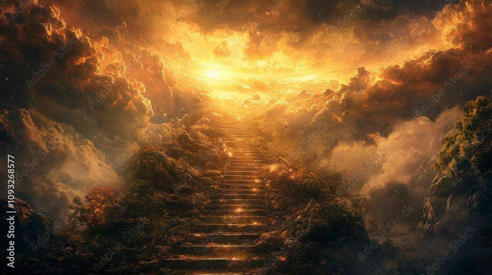 Glowing golden clouds surround a stone stairway that leads into a luminous horizon, promising an awe-inspiring and transformative journey to the heavens. Glowing golden clouds surround a stone stairway that leads into a luminous horizon, promising an awe-inspiring and transformative journey to the heavens.