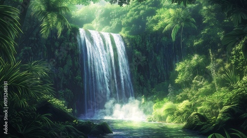 Tropical Waterfall Paradise in Lush Jungle Oasis