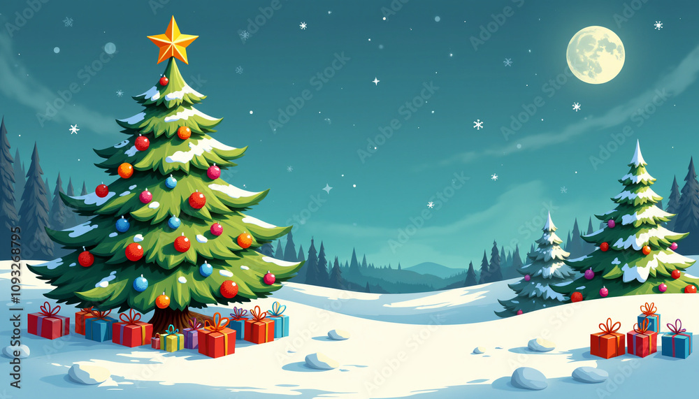 Whimsical Christmas Night Scene with Decorated Tree Under Full Moon in Teal Sky Whimsical Christmas Night Scene with Decorated Tree Under Full Moon in Teal Sky