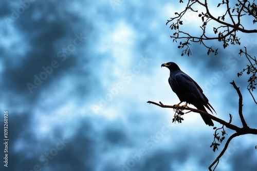 An American eagle in a Gothic setting, with dark storm clouds and its wings outstretched against a dramatic background