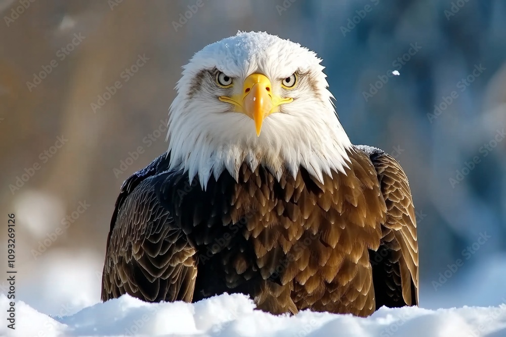 An American eagle in a snow-covered forest, its feathers slightly dusted with snowflakes An American eagle in a snow-covered forest, its feathers slightly dusted with snowflakes