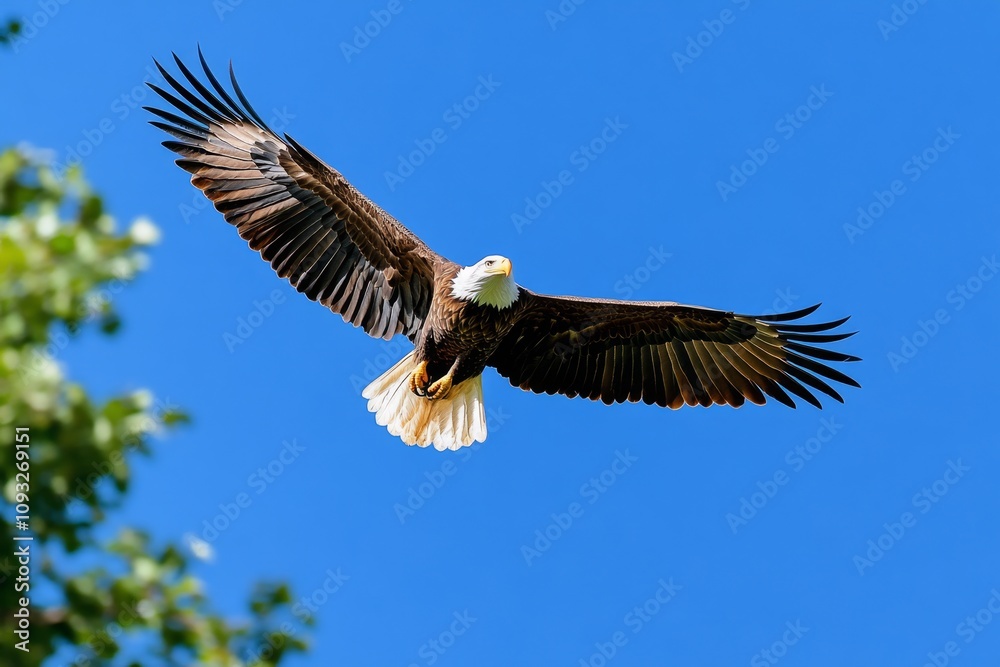 Obraz premium An American eagle in mid-flight, clutching an American flag in its talons
