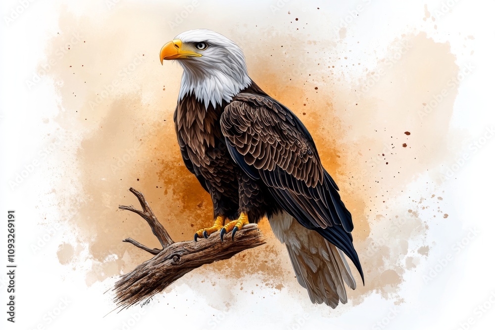 Obraz premium An American eagle perched on a branch, painted in a delicate watercolor style with subtle details and soft, natural hues