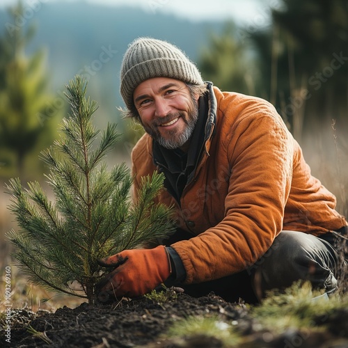 Smiling man planting a small fir tree in the forest