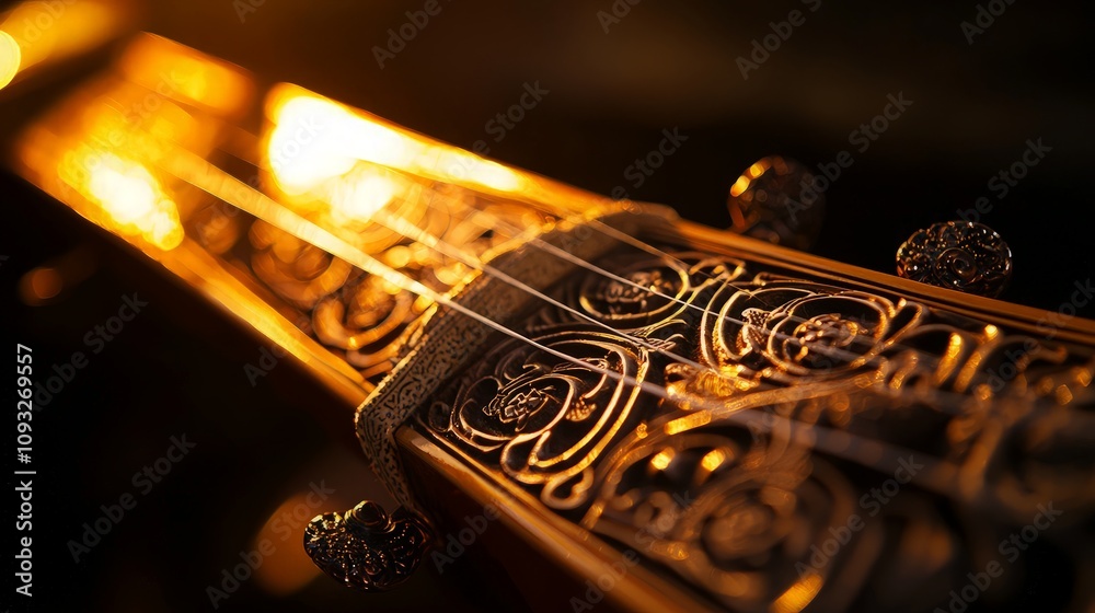 Close-up of ornate, golden musical instrument neck and tuning pegs. Close-up of ornate, golden musical instrument neck and tuning pegs.