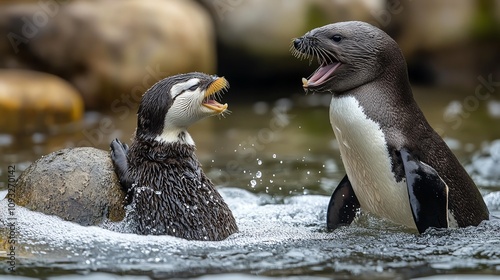 A playful interaction between a seal and a penguin in a natural watery habitat, showcasing wildlife behavior. photo