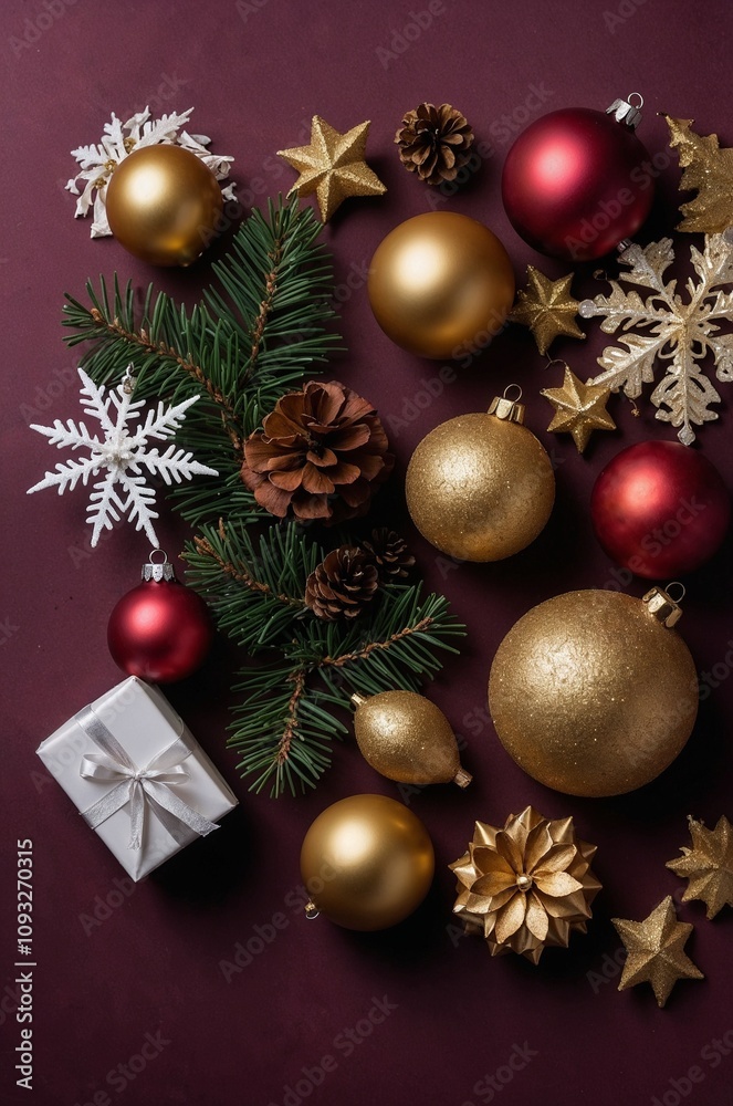 Red background with gold and red Christmas decorations, fir twigs and pine cones with copy space Red background with gold and red Christmas decorations, fir twigs and pine cones with copy space