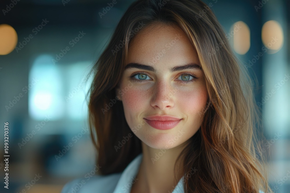 Close-up headshot Confident European young woman, good looking teenager, middle aged leader, businesswoman, CEO on blurred office background. Beautiful young European businesswoman smiles at thecamera Close-up headshot Confident European young woman, good looking teenager, middle aged leader, businesswoman, CEO on blurred office background. Beautiful young European businesswoman smiles at thecamera