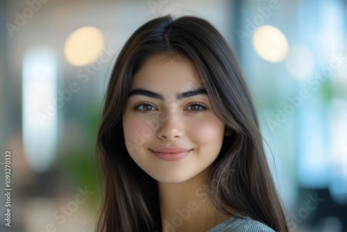 Wallpaper Mural Close-up headshot Confident European young woman, good looking teenager, middle aged leader, businesswoman, CEO on blurred office background. Beautiful young European businesswoman smiles at thecamera Torontodigital.ca
