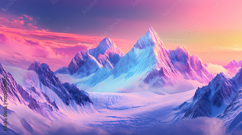 Surreal crystalline landscape with majestic mountains glaciers and colorful skies. Prismatic Mountain Peaks. Illustration Surreal crystalline landscape with majestic mountains glaciers and colorful skies. Prismatic Mountain Peaks. Illustration