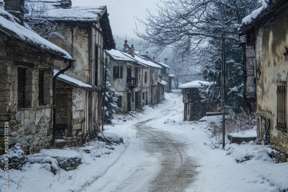 Snowy Village Street Old Houses Winter Scene Snowy Village Street Old Houses Winter Scene
